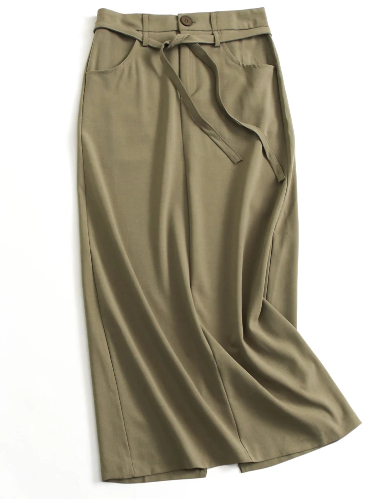 

Elegant High Waist Pure Color Belted Office Style Long Skirt Women's Midi Skirt A533 Stylish Slimming A-Line Skirt