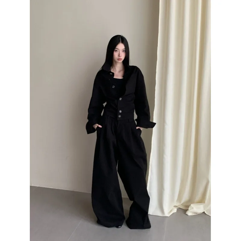 Dames Zwart Polokraag Cropped Shirt Tops Hoge taille Geplooide Rechte Wijde pijpen Broek Tweedelige set Herfst Koreaanse trend