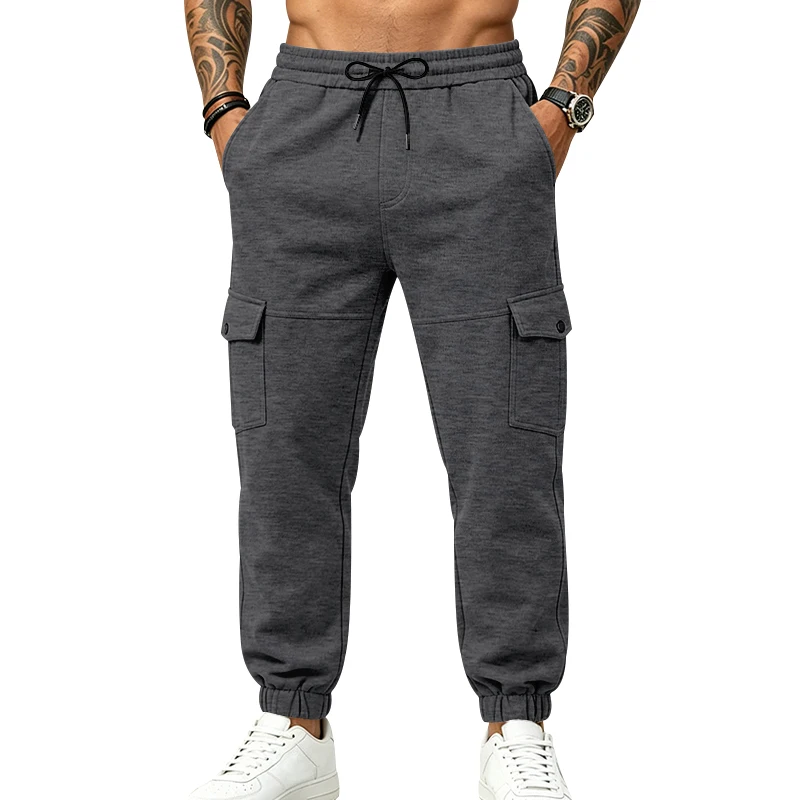 Men's Winter Warm Knitted Workwear Casual Jogger Pants, Elastic Drawstring Waist, Multi-Pocket Sports Pants, Casual Street Style