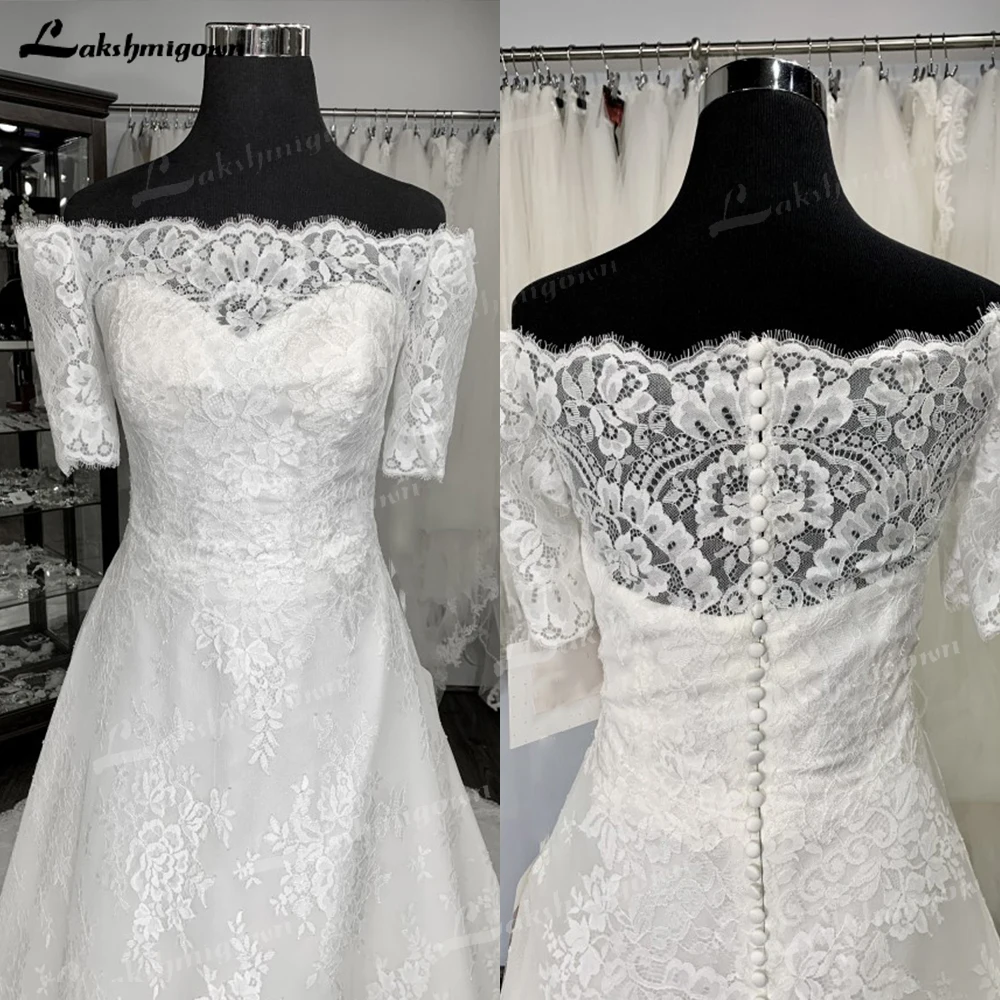 Luxurious Wedding Dress One Word Collar Wedding Gown Lace Appliqués A-Line Wedding Party vestido de casamento Custom Made