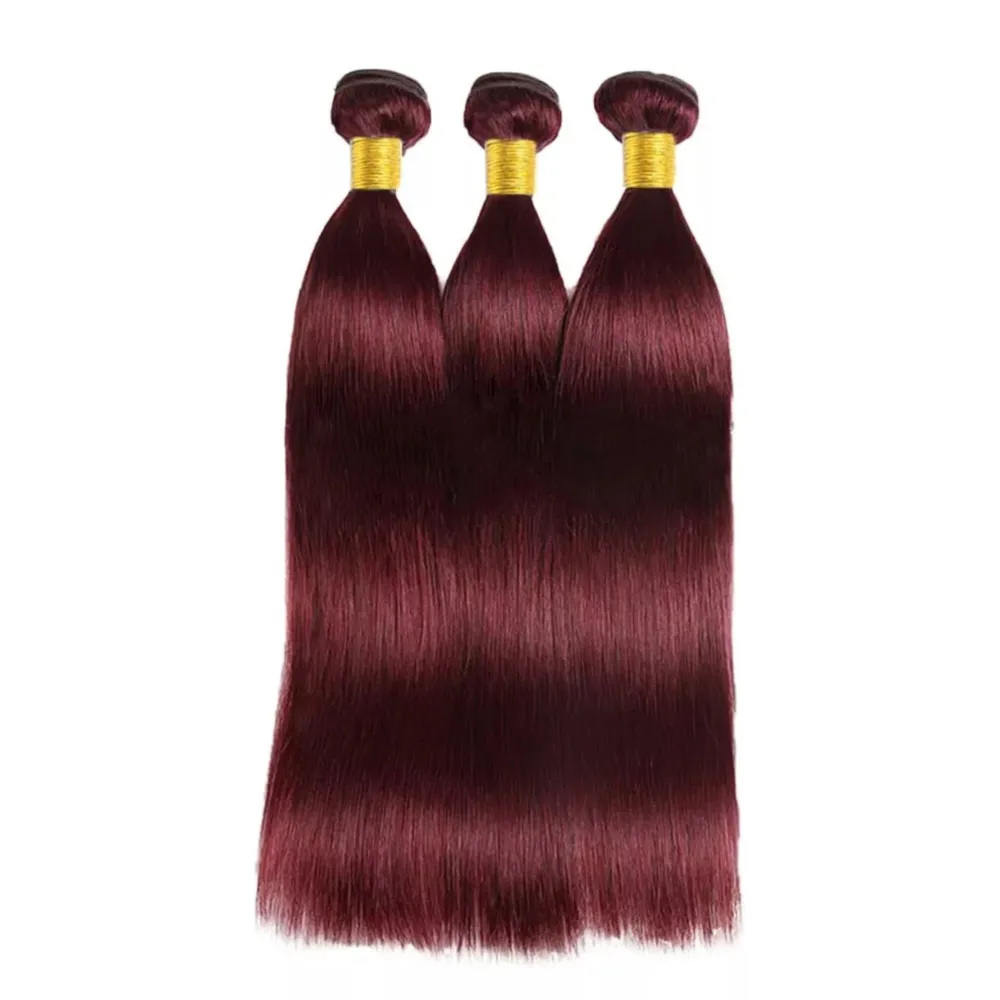 Mechones de cabello humano liso para mujer, extensiones de cabello virgen brasileño, Color rojo vino, n. ° 99J, 100%, 1/3, 30 pulgadas