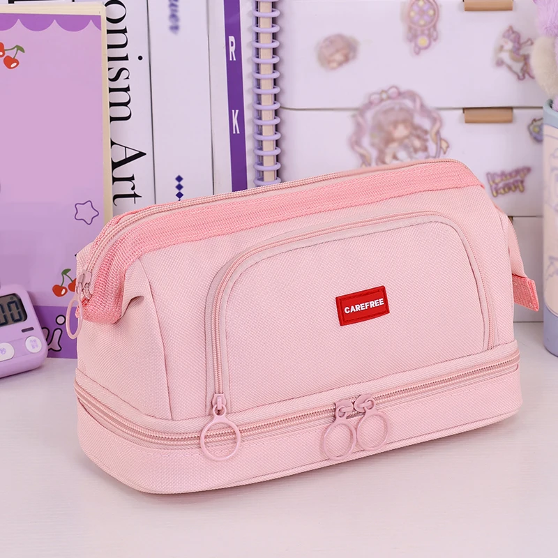 New macaron color student pencil case Oxford cloth waterproof large capacity double-layer stationery storage bag