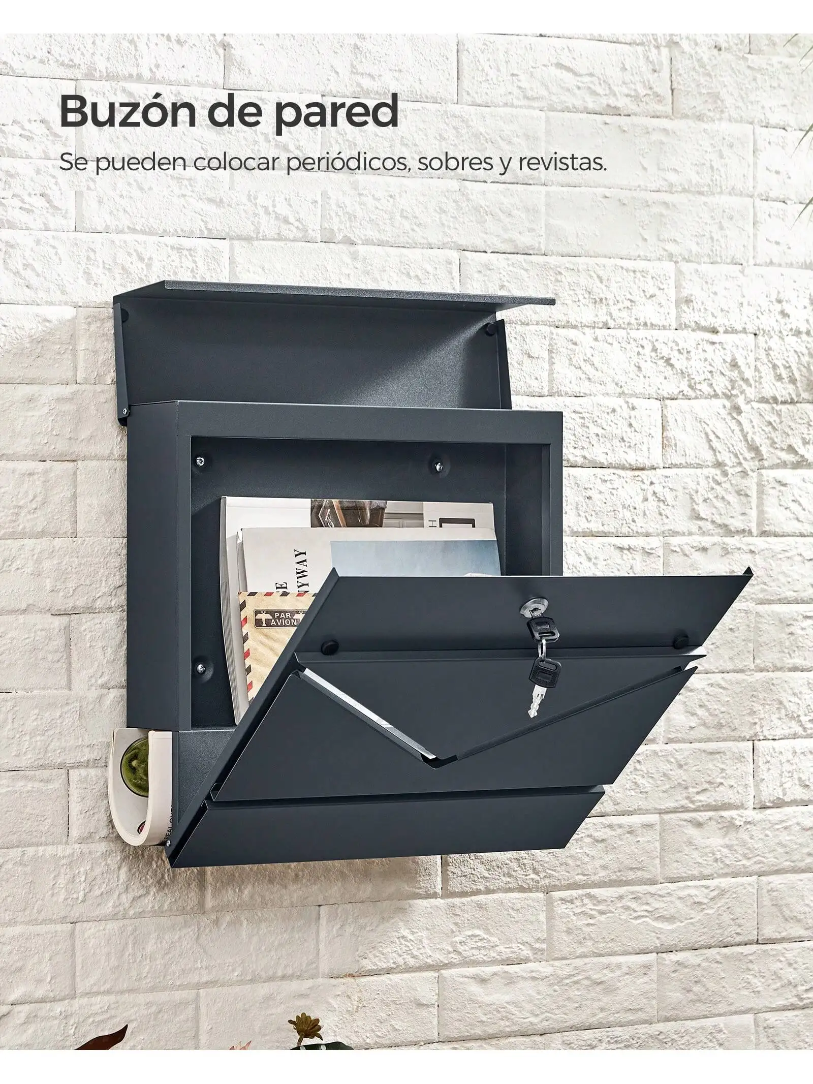 SONGMICS Letter Box, Wall-Mounted Mailbox with V-Shaped Viewing Window, Lock and Lid, Newspaper Holder, Easy Install