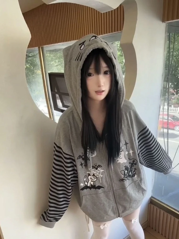 HOUZHOU Kawaii Gray Striped Juminocore Women Hoodies Y2k Japanese Harajuku Cartoon Print Zipper Hooded Sweatshirt Loose Sweet