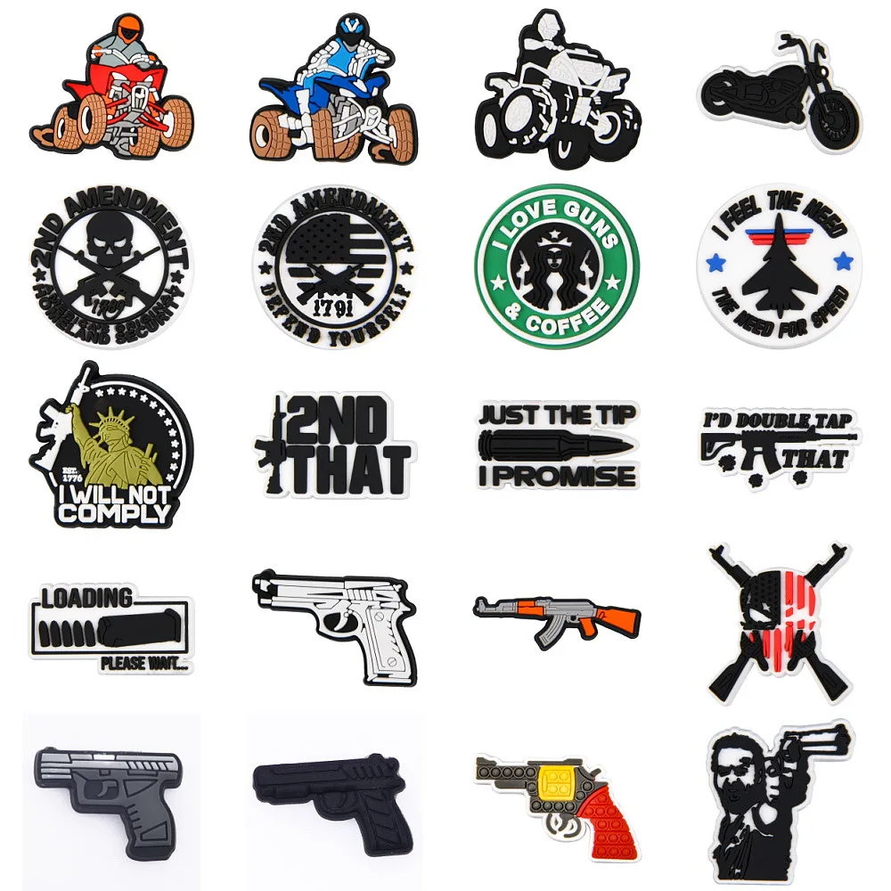 Gun Clog Shoes Charms For Men Pvc Black Different Mini Shoes Charm UZI Rifle Pistol Gun Croc Pins Shoes Decoration Part Gifts