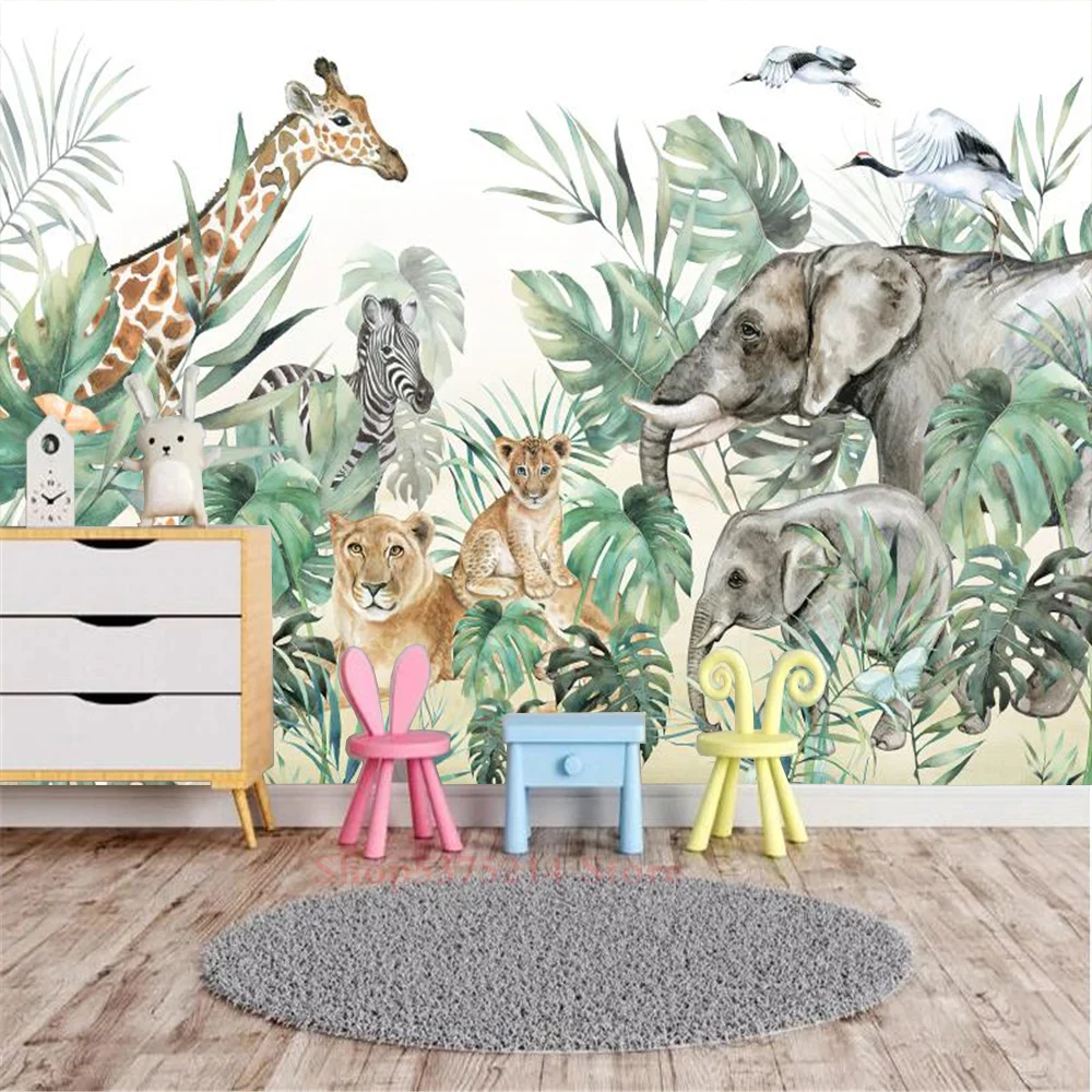 Baby Kids Room Decorative Wallpaper Jungle Animals Printed Wall Wallpapers For Nursery Room Renovation Elephant Giraffe Custom