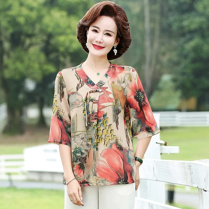 

2023 Summer Elegant Vintage Disc buckle Print Middle-aged Women Chiffon Tops Blouses V Collar Loose Half sleeve Shirts