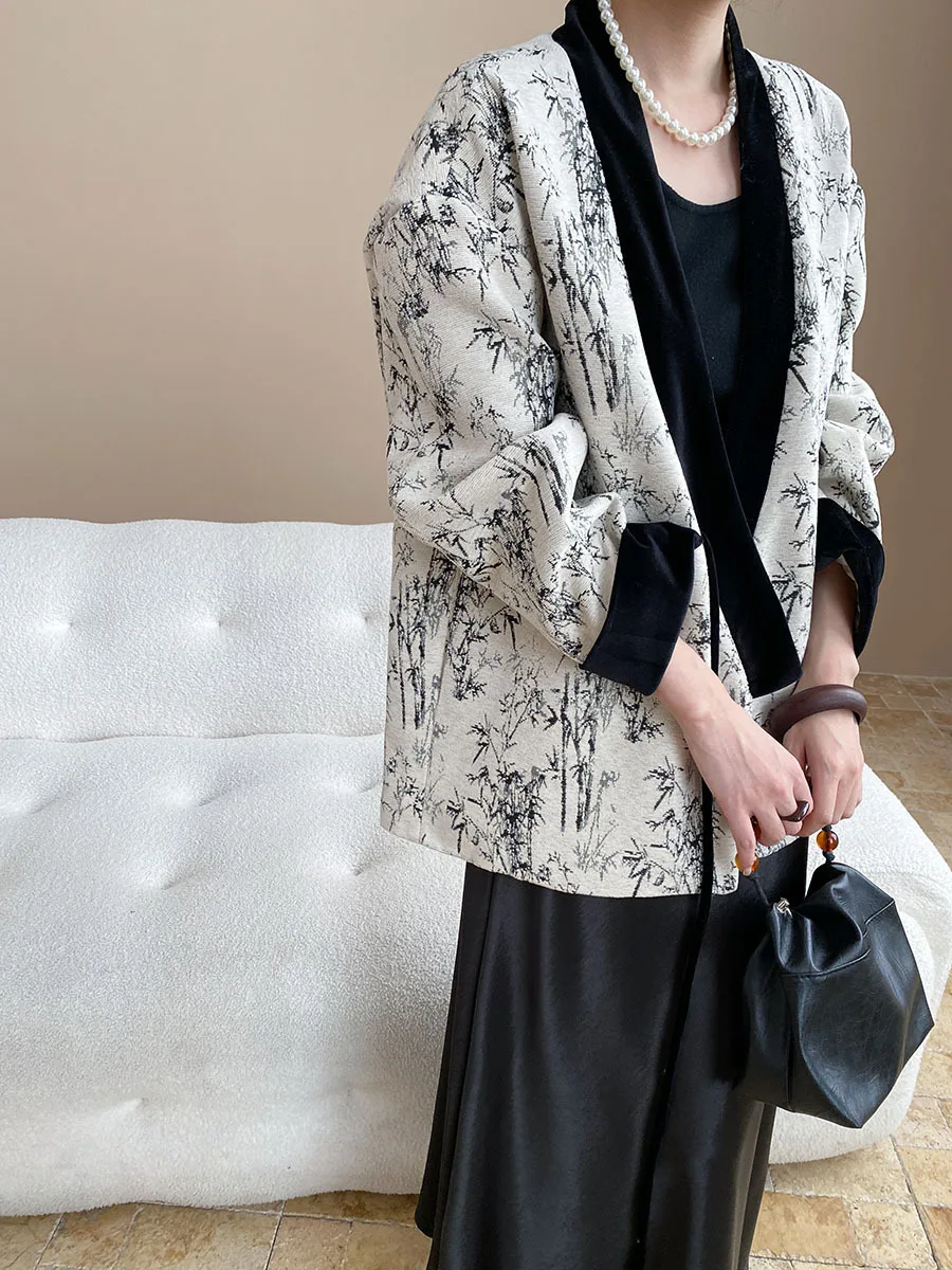 Giacca con lacci in nappa con colletto diagonale e temperamento jacquard con lavaggio a inchiostro in stile cinese