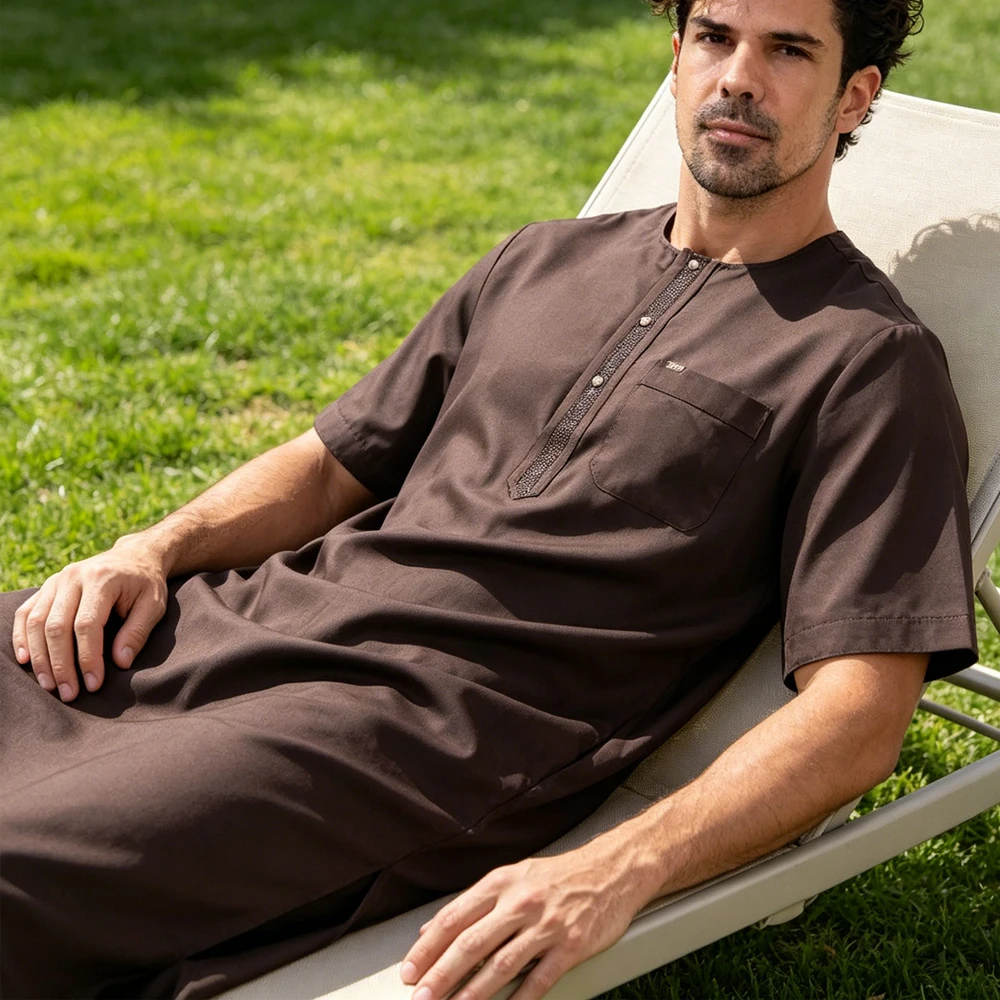 

Summer Men's Short Sleeve Jubba Thobe Muslim Dress Islam Kaftan Arab Dubai Abaya Long Gown Daffah Dishdasha Traditional Clothing