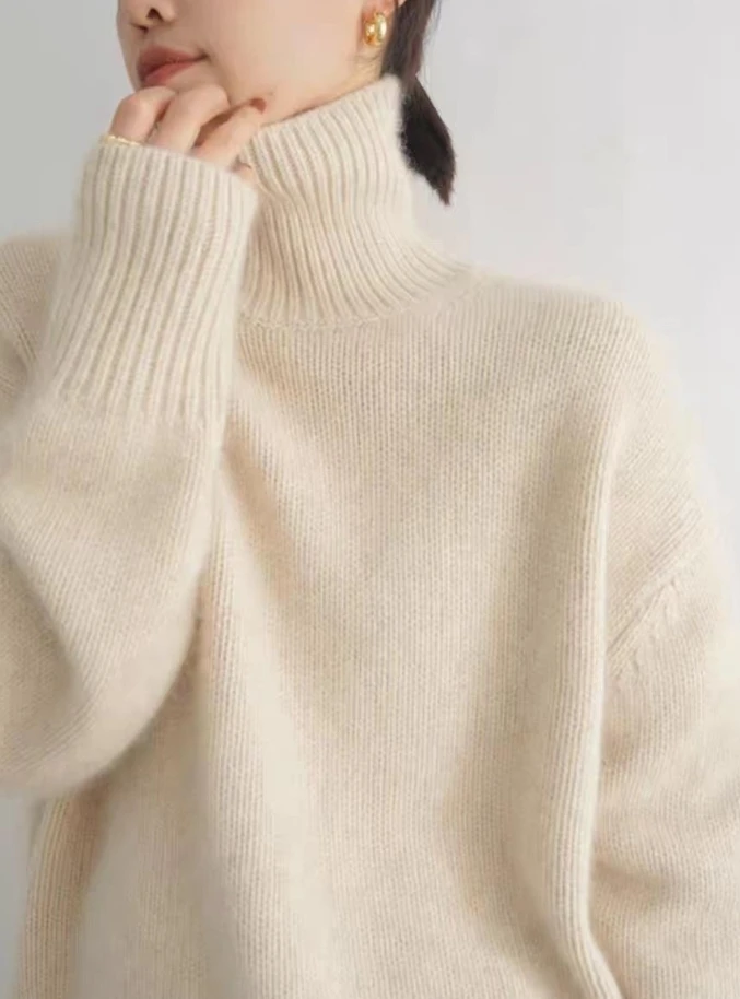 Lazy Style High Neck Knitted Sweater for Women Solid Color Loose Fitting Comfortable Korean Temperament Sweater for Winter