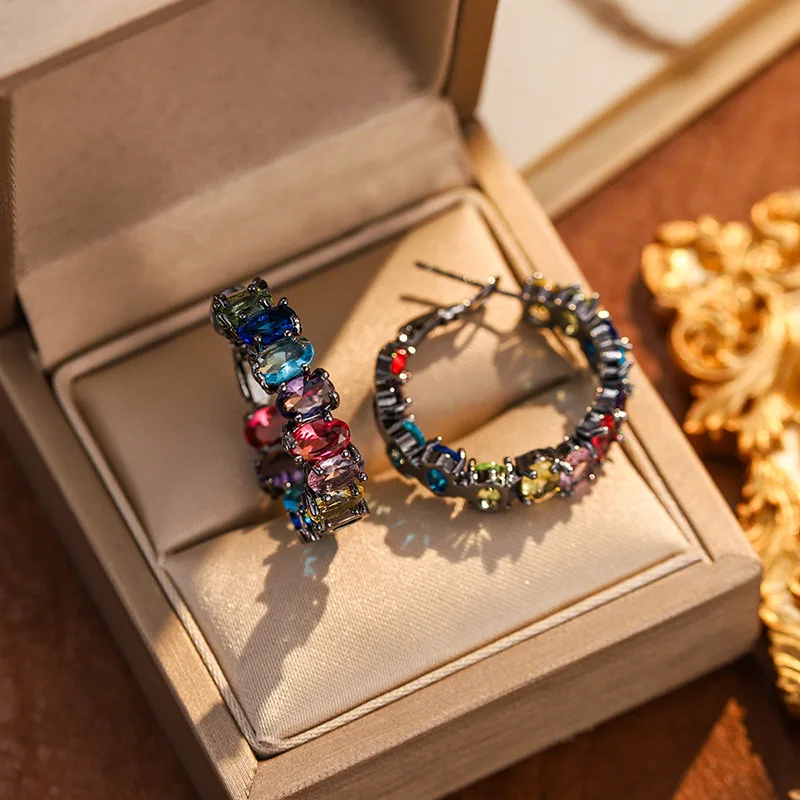 Vintage Statement Shinning Black Colorful Zirconia Stones Hoop Earrings For Women Personality 2023 New Earings Wholesale