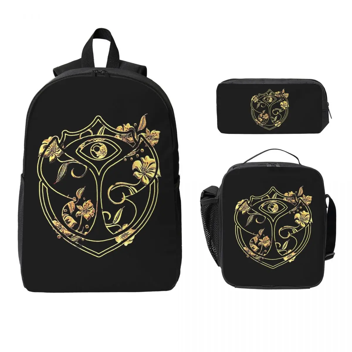 حقيبة ظهر لمهرجان موسيقى الرقص الإلكترونية البلجيكية من تومورولاند للأولاد والبنات حقيبة كتب مدرسية 3 قطع حقيبة غداء معزولة مقلمة #1