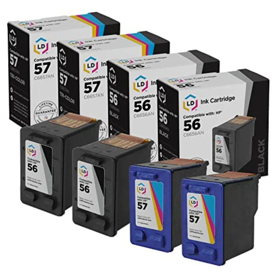 

Products Remanufactured Ink Cartridge Replacements for HP 56 C6656AN and HP 57 C6657AN 2 Black 2 Color 4-Pack Compatible with D
