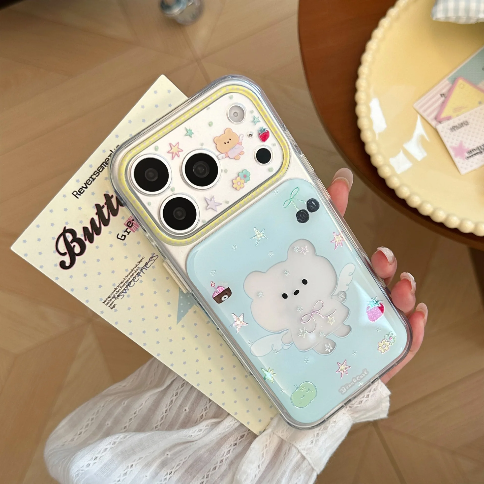 Korean Hollow Out Cartoon Bear Graffiti Pattern Phone Case For iPhone 17 16 15 14 Pro Max Clear Shockproof Protective Soft Cover