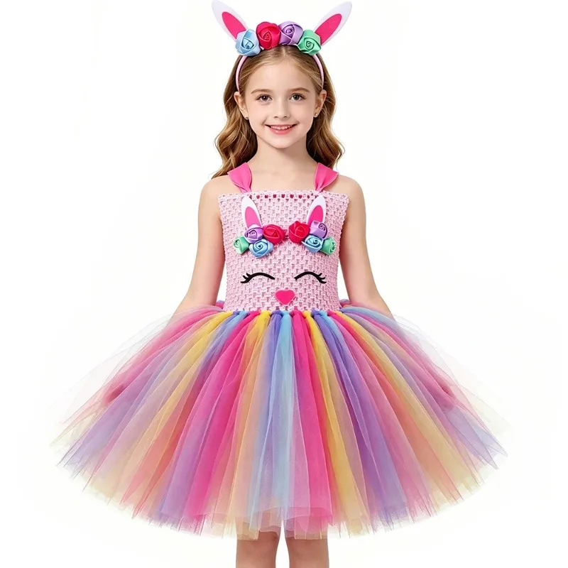 

Cute Bunny Costume for Little Girls for Festivals, Rainbow Flower Cartoon Tulle Tutu Skirt, Kids Halloween Princess Outfit
