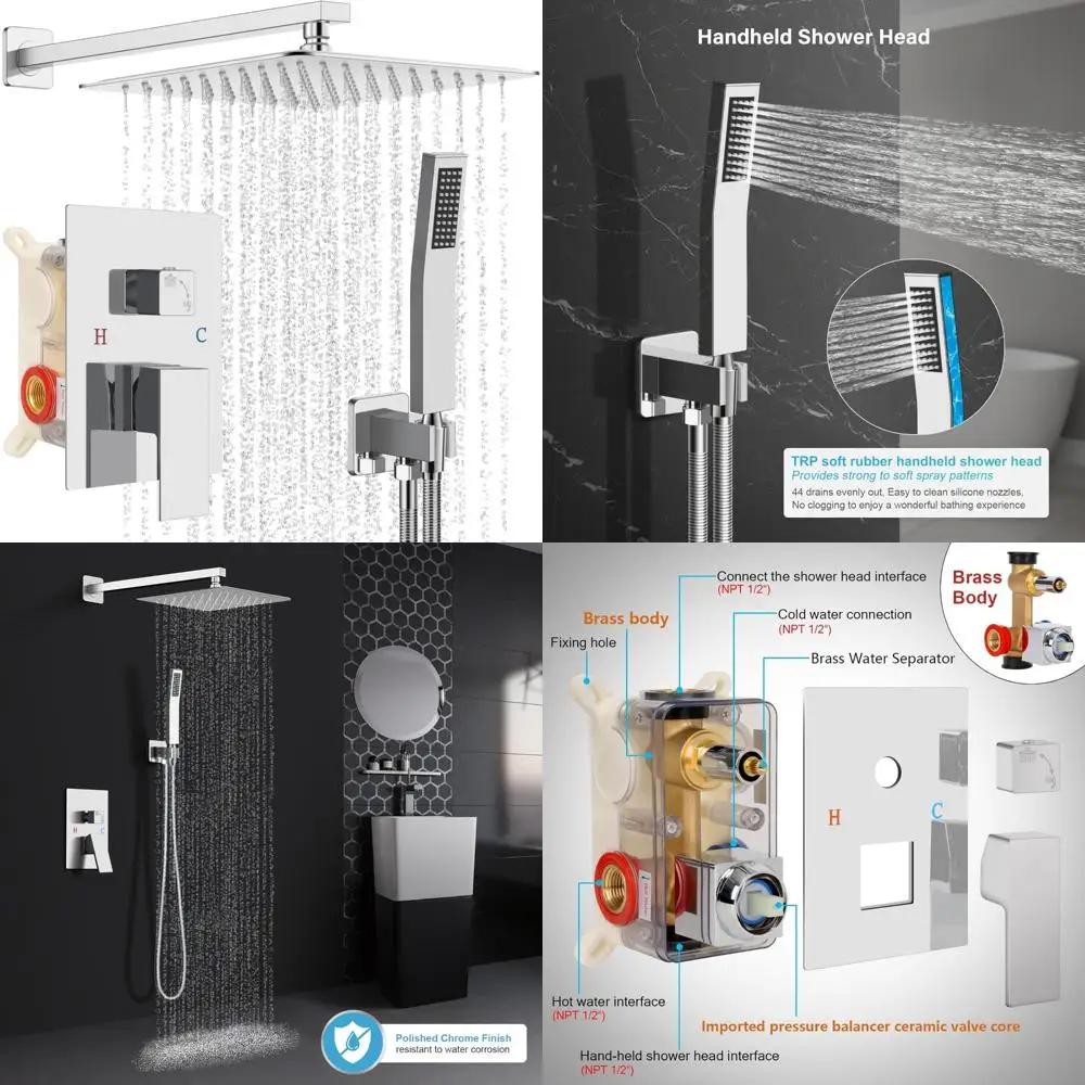 

Wall-Mounted Square Rain Shower Head and Handle Set with Shower Valve and Trim Kit for Modern Bathroom Fixtures