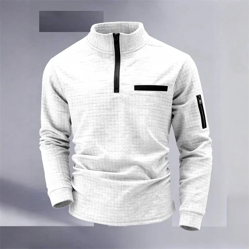 New men's athletic polo shirt, vintage striped design with half-zip closure, slim fit, stylish outdoor long-sleeved casual top.