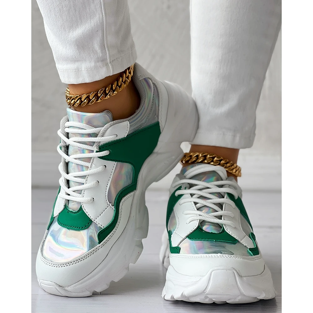 Fashion Women Colorblock Lace-up Sneakers Daily 2024 Casual Round Toe Platform Sports Shoes Spring Fashion Going Out Shoes