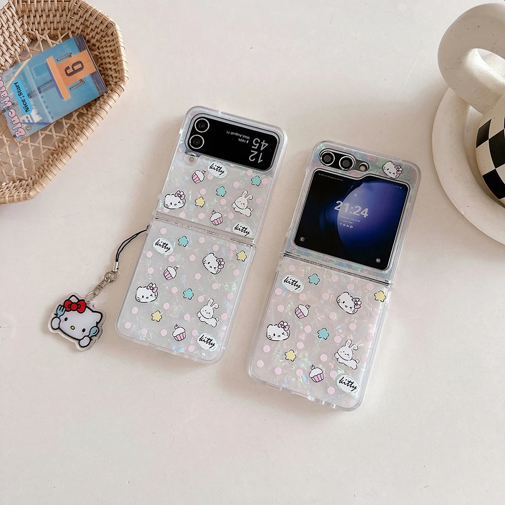 Sanrio Hello Kitty with Pendant Phone Case for Samsung Galaxy Z Flip 3 4 5 Z Flip 6 5G PC Hard Anti-fall Back Cover