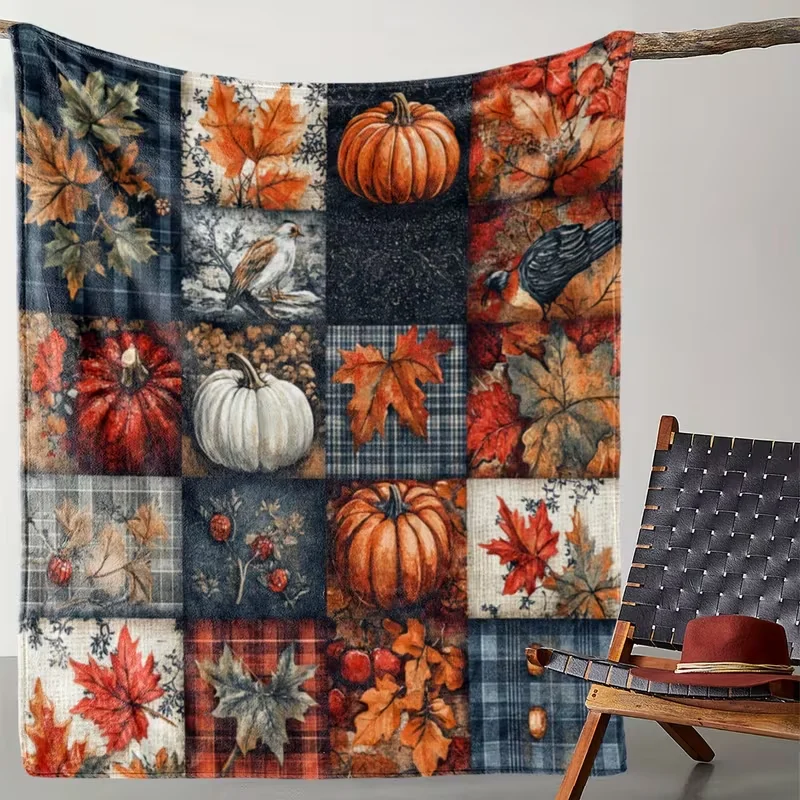 Fall Pumpkin Maple Leaf Patchwork Throw Blanket, Vintage Plaid Harvest Turkey Bird Autumn Fleece Blanket, Thanksgiving Decor Soft Cozy Flannel Blanket for Couch Sofa Bed