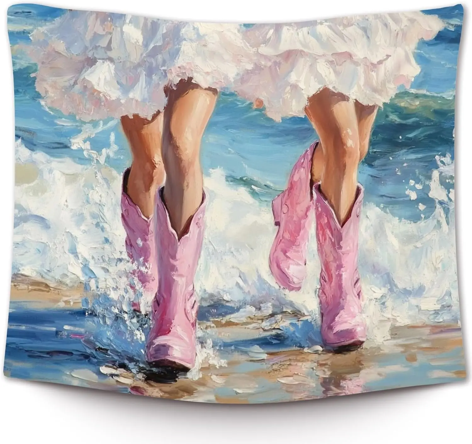 Pink Cowboy Boots Tapestry - Beach Waves Wall Art, Girly Room Decor, Living Room Bedroom, Multiple Sizes