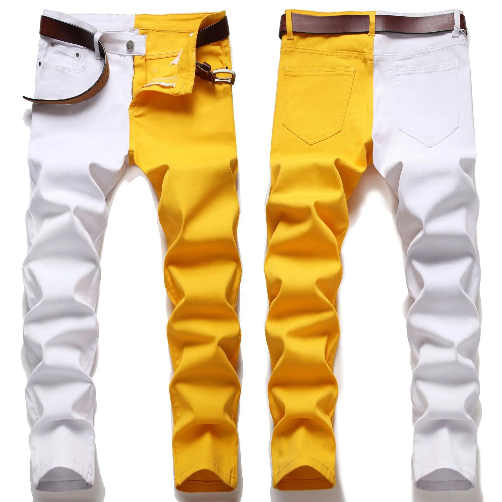 New Casual Personality Splicing Yellow White Stitching Men Jeans Slim Skinny Stretch Street Hip Hop Elastic Denim Pants 28-40