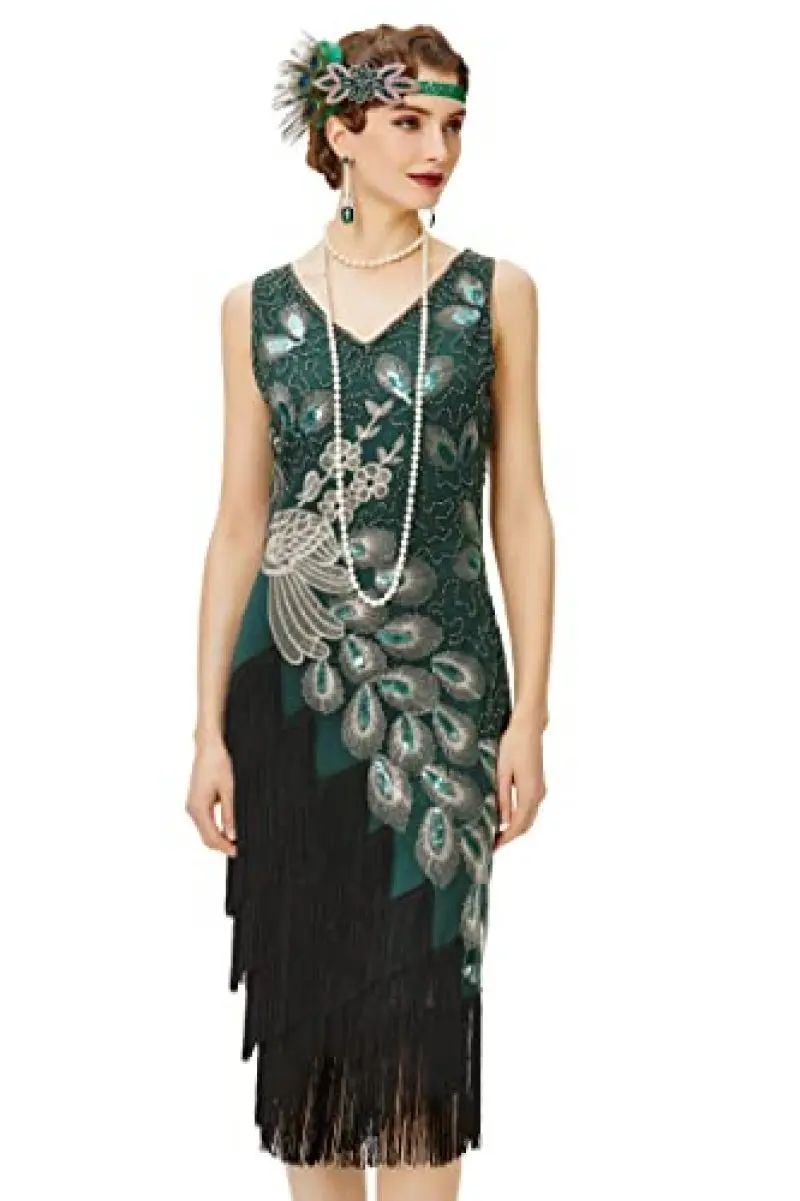 1920s Vintage Peacock Sequined Dress Gatsby Fringed Flapper Dress Roaring 20s Party Dress