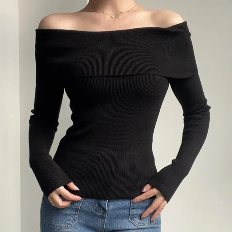 Black Sexy Off Shoulder Knit Tops Solid Slash Neck Long Sleeved Slim Fit Sweater White Elegant Knit Pullover Sueter Mujer 31042