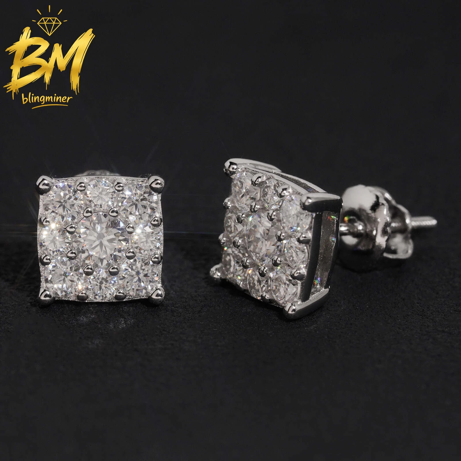 Blingminer 8mm Square Shape VVS Moissanite Earrings For Men Women S925 Silver Ear Studs Jewelry Pass Diamonds Tester Free Shippi