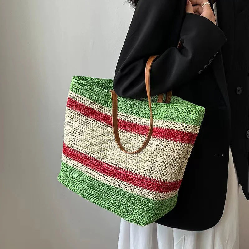 Fashionable Street Trend Woven Contrasting Stripes Beach Resort Style Straw Tote Large Capacity Women\'s Bag