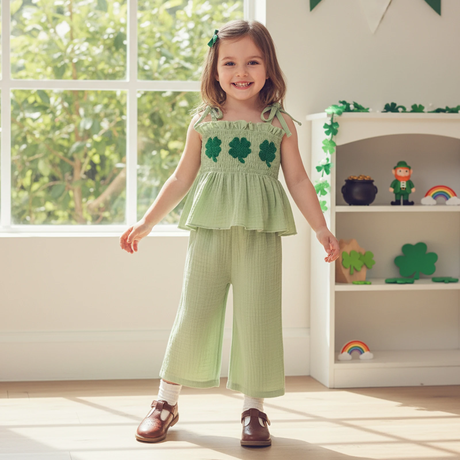 Toddler Girl Spring St. Patrick's Day Outfits Sleeveless Tie-up Strap Shamrock Embroidery Smocked Tank Tops + Pants 2Pcs Set