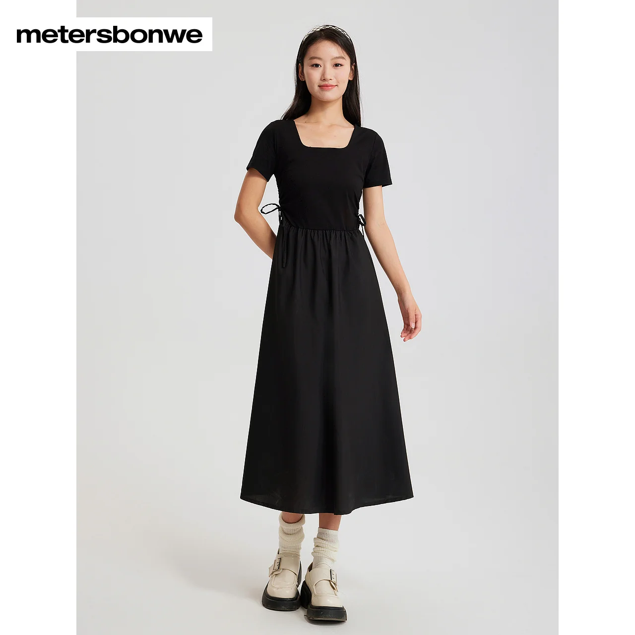 Metersbonwe-Women's New Dress Square Collar Waist Drawstring A-Line Long Dresses Business Commute Casual Summer