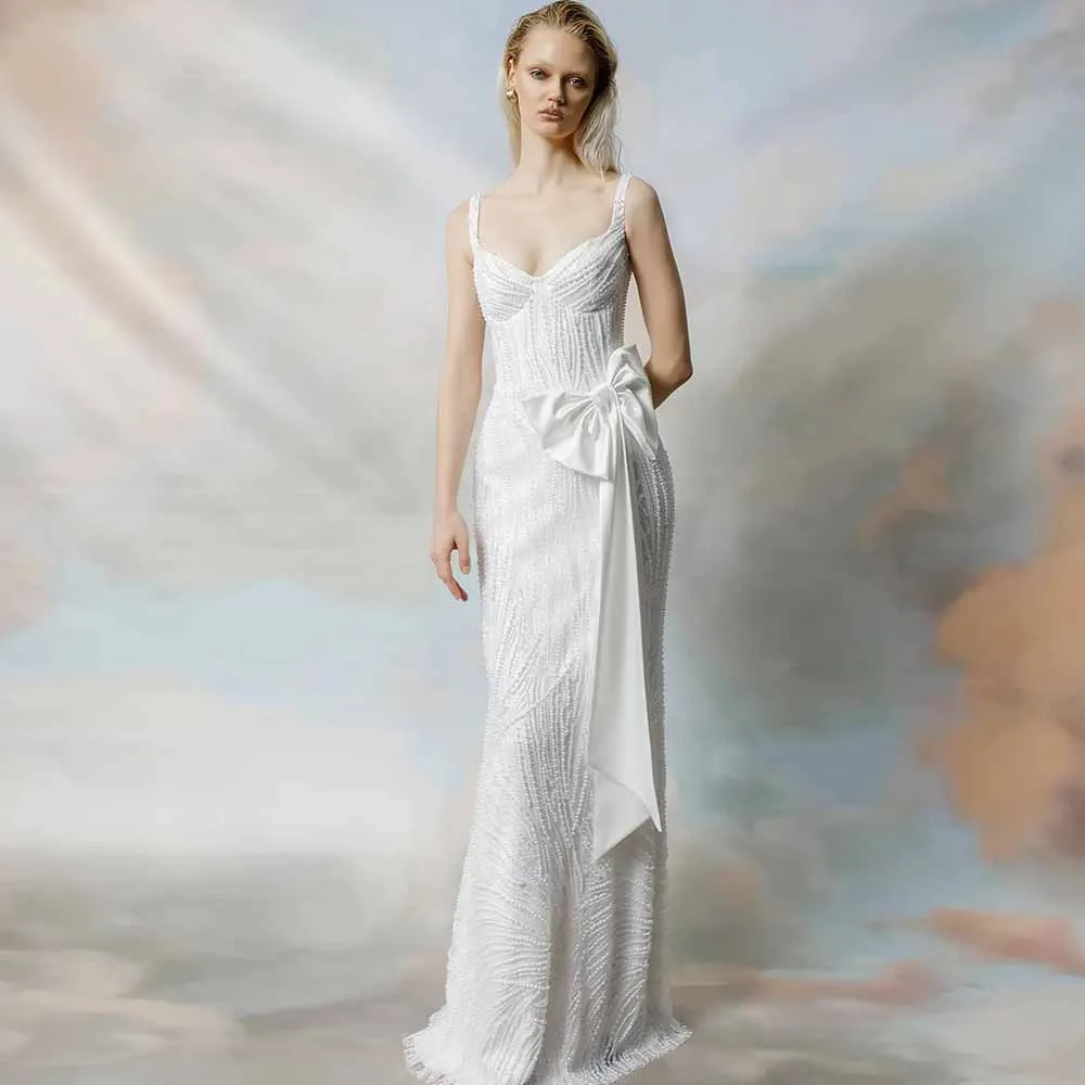 Modern Wedding Dresses 2025 Satin Sheath/Column Wedding Party Dresses White Sweetheart Pearls Bow Draped Lace-up Wedding Dresses