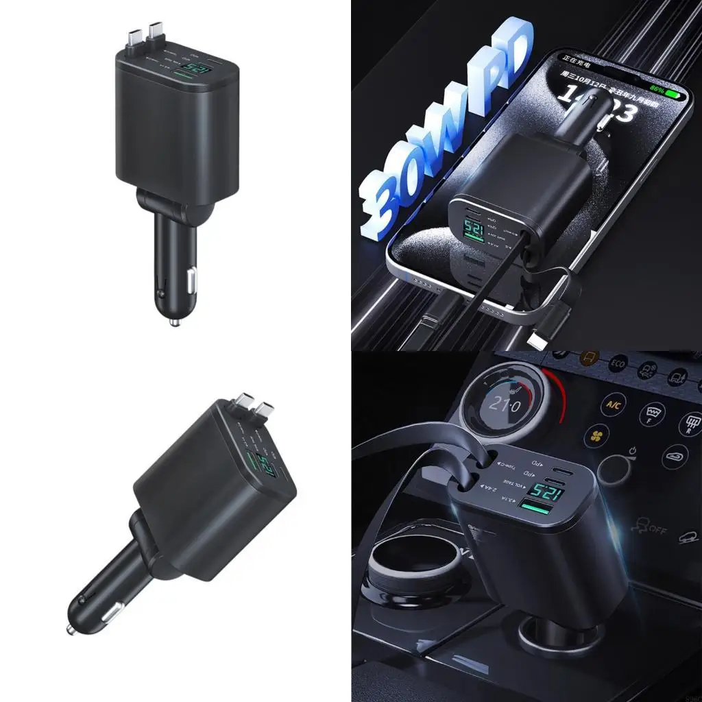 

Double Type C Retractable Cable Car 90W Fast Charging Adapters USB PD Compatible for Phones Tablets Laptops 896C