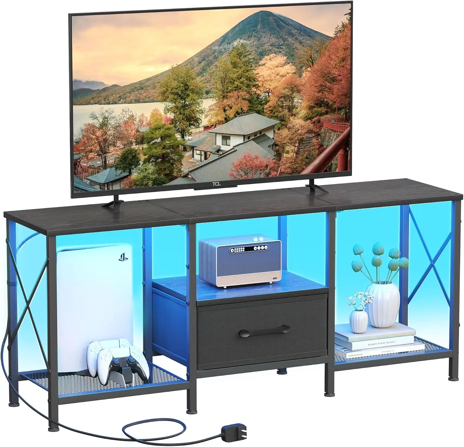JARHETUN LED TV Stand with Fabric Drawer, Entertainment Center for 50 55 Inch TV, Industrial TV Console Table with Open