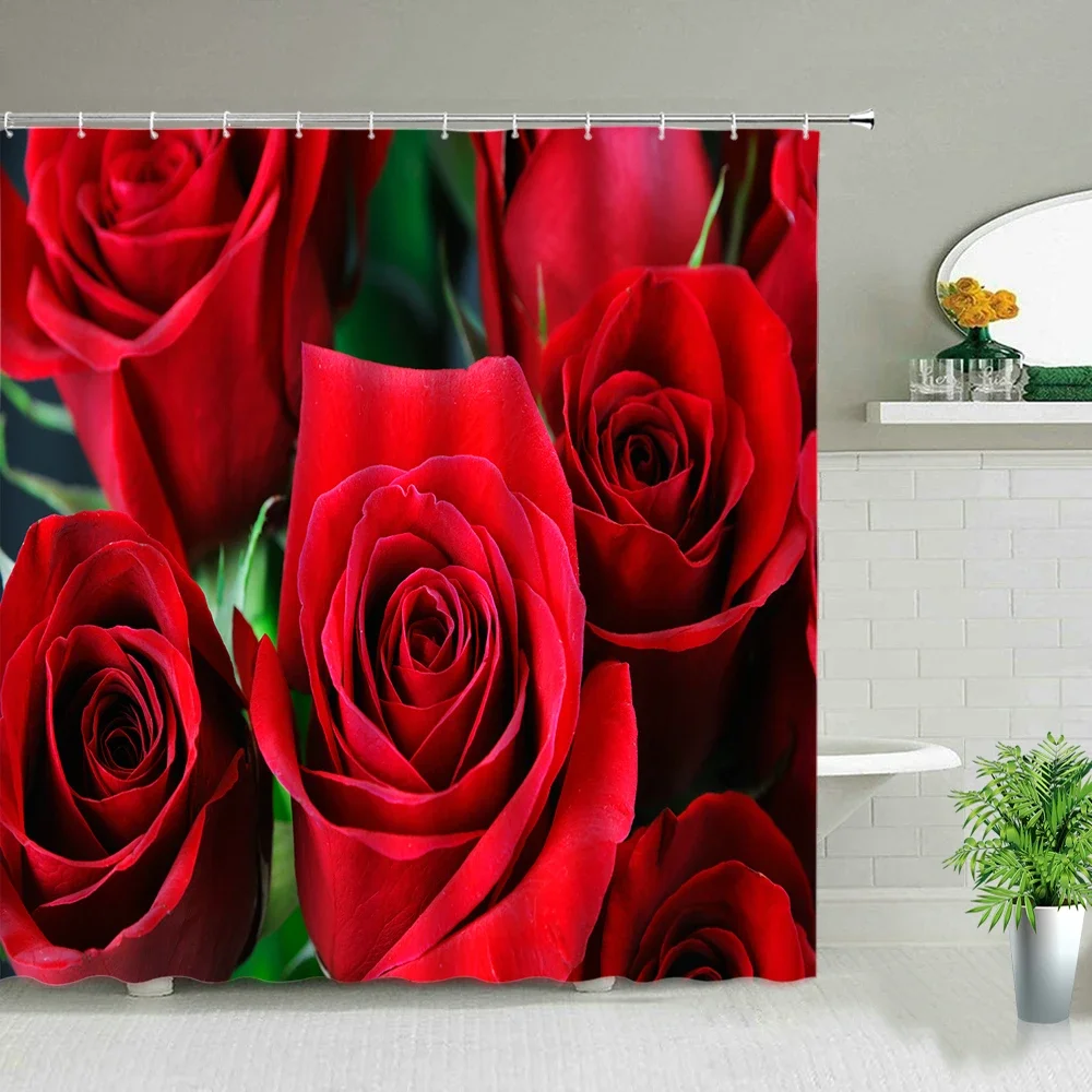Red Rose Flower Shower Curtains Set Romantic Valentine\'s day Home Decor Hanging Curtain Beautiful Floral Plant Bathroom Curtain