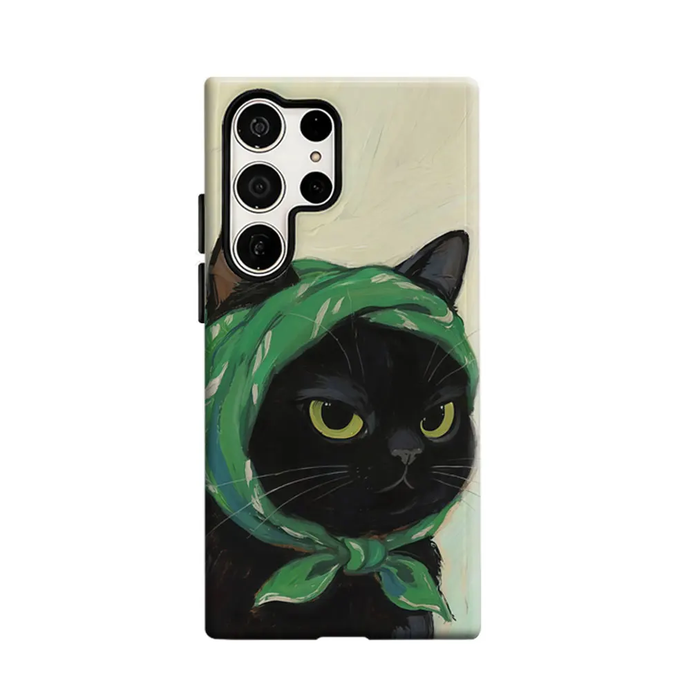 CaseLumi Phone Case For Samsung Galaxy S25 S24 Ultra Plus HD Hard Chic Black Cat Green Headscarf Double Layer Cover Film Shell