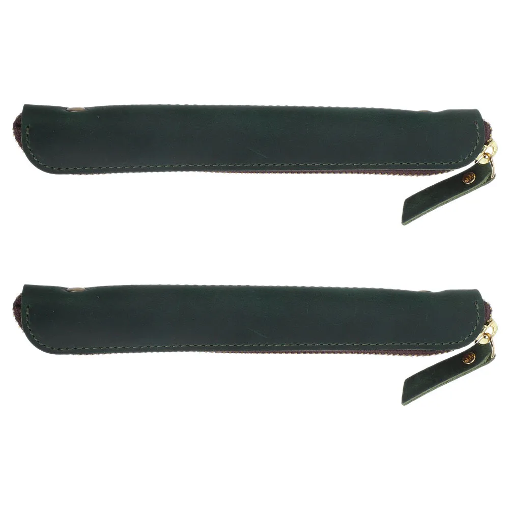 2Pcs Vintage Zipper Pen Case Compact PU Slim Pencil Pouch Portable Mini Fountain Pen Holder Stylish Stationery Bag