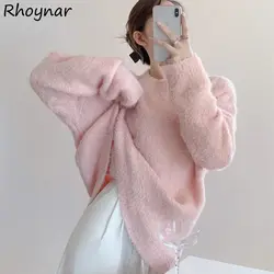 Chic Fluffy Knitted Pullovers Women Fashion Solid Simple Loose Leisure Young Popular All-match Soft Warm Sweaters Girls Ins New