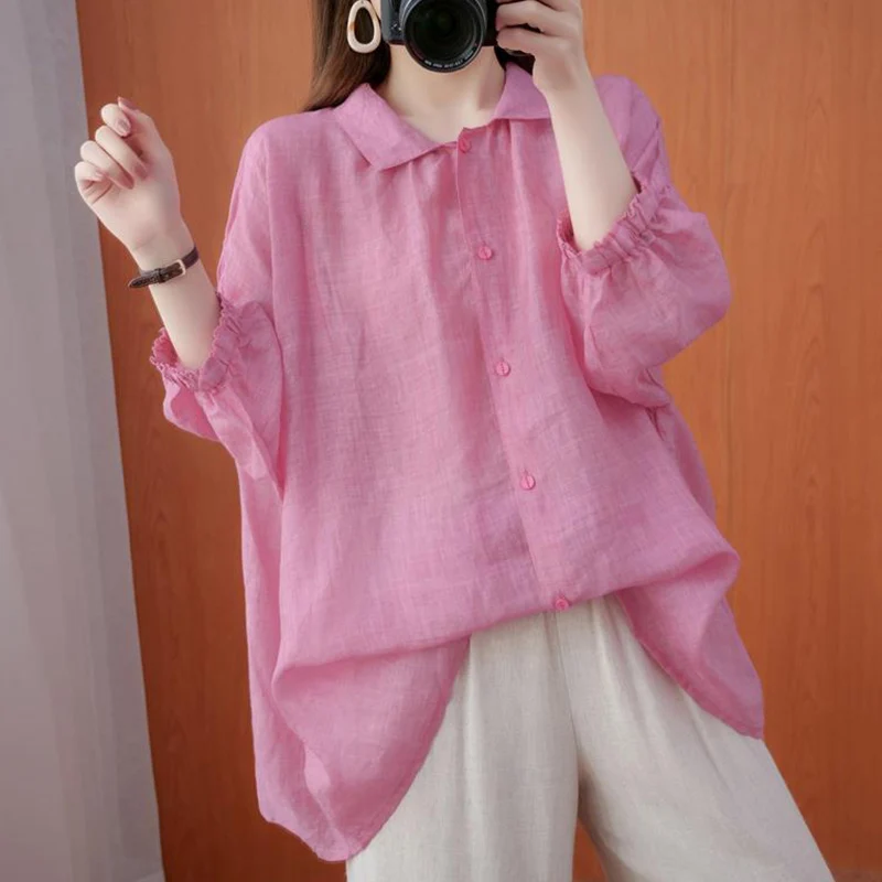 

plus Size Cotton Linen Color irt Batwing Sve Turn-down Collar Button Mid-length Anti-aging Women's Faion Clothing