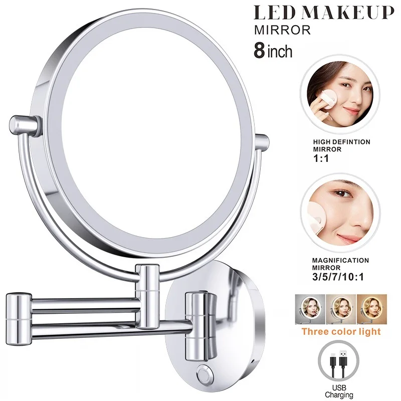 Rechargeable Wall Makeup Mirror Lamp 3x-10x Double Side Touch Led 3-color Light Adjustable Rotary Bathroom Cosmetic with Mirrors