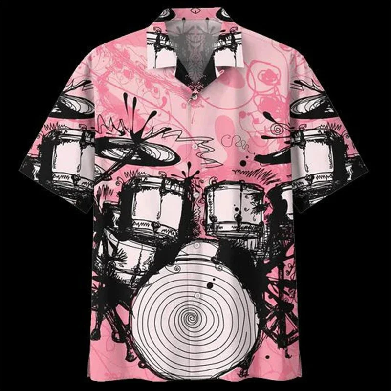 3D Print Musical Instrument Hawaiian Shirt Men's Drum Pattern Aloha Shirts Summer Short Sleeve Tops Fashion Street Casual Blouse