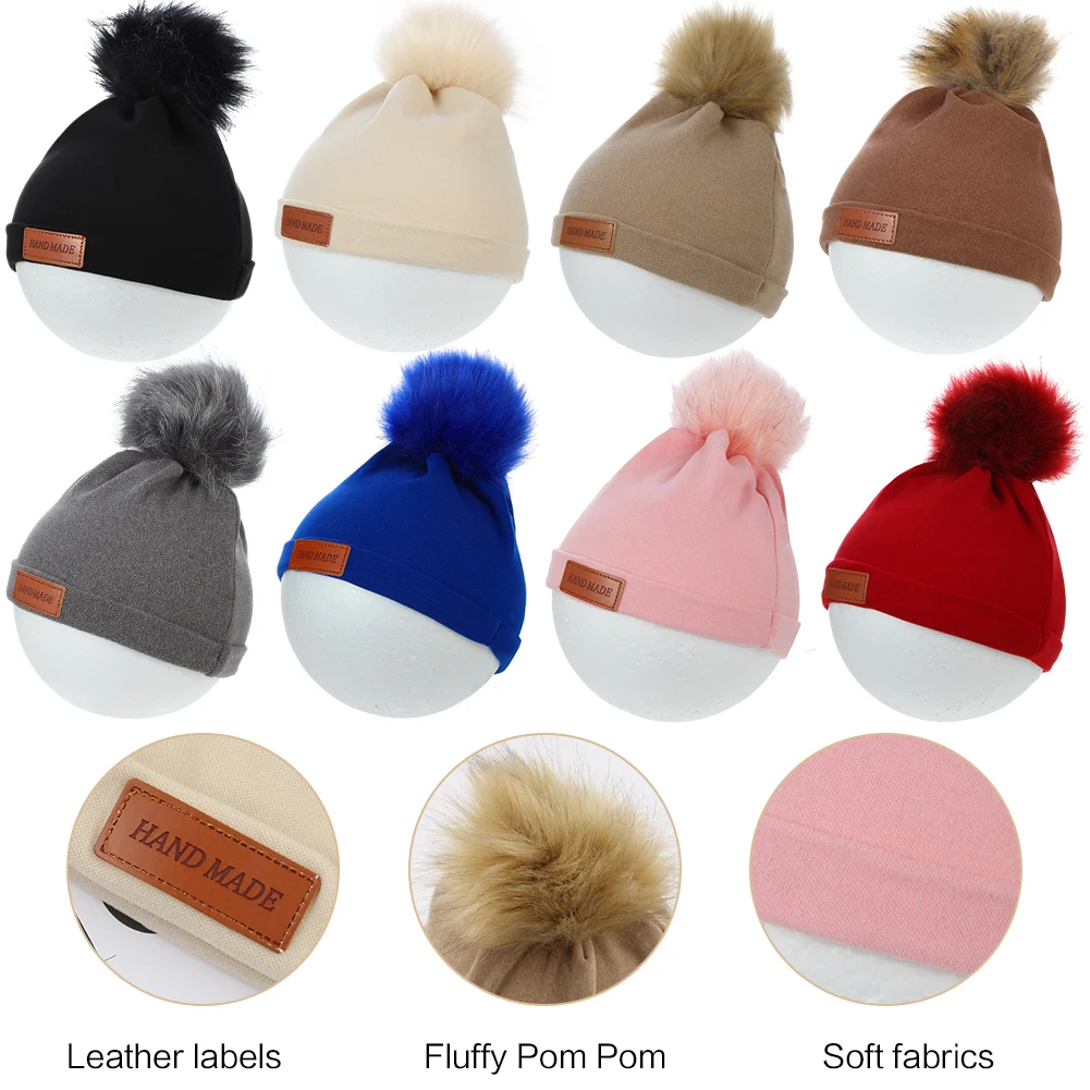 Pompom Faux Cashmere Baby Turban Hats Leather Stick Warm Winter Caps Newborn Boys Girls Beanies Bonnet Kids Headwraps Headwear