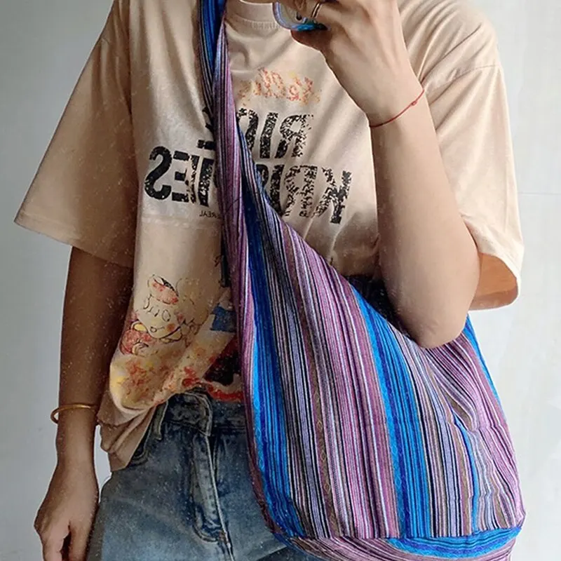 Fashion Bohemian Canvas Shoulder Crossbody Bag Womens Large Capacity Versatile Ethnic Style Shopper Tote Bag