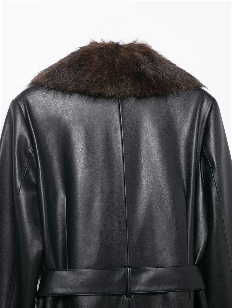 2025 Otoño/Invierno nueva colección de mujer, lujoso abrigo de cuero negro con cuello de piel sintética desmontable y cinturón.