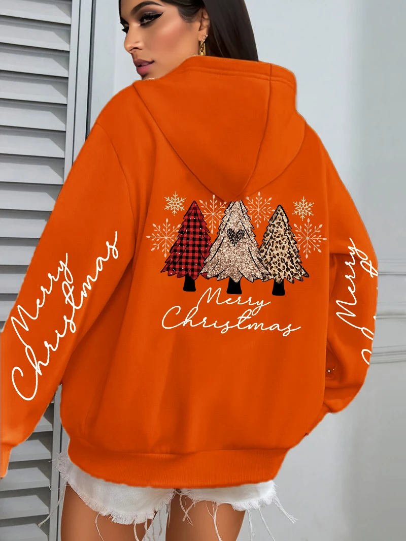 Merry Christmas Leopard Plaid Trees Pattern Hoodies Women Hip Hop Autumn Hoodie Pocket Loose Streetwear Fleece Y2K Pullovers