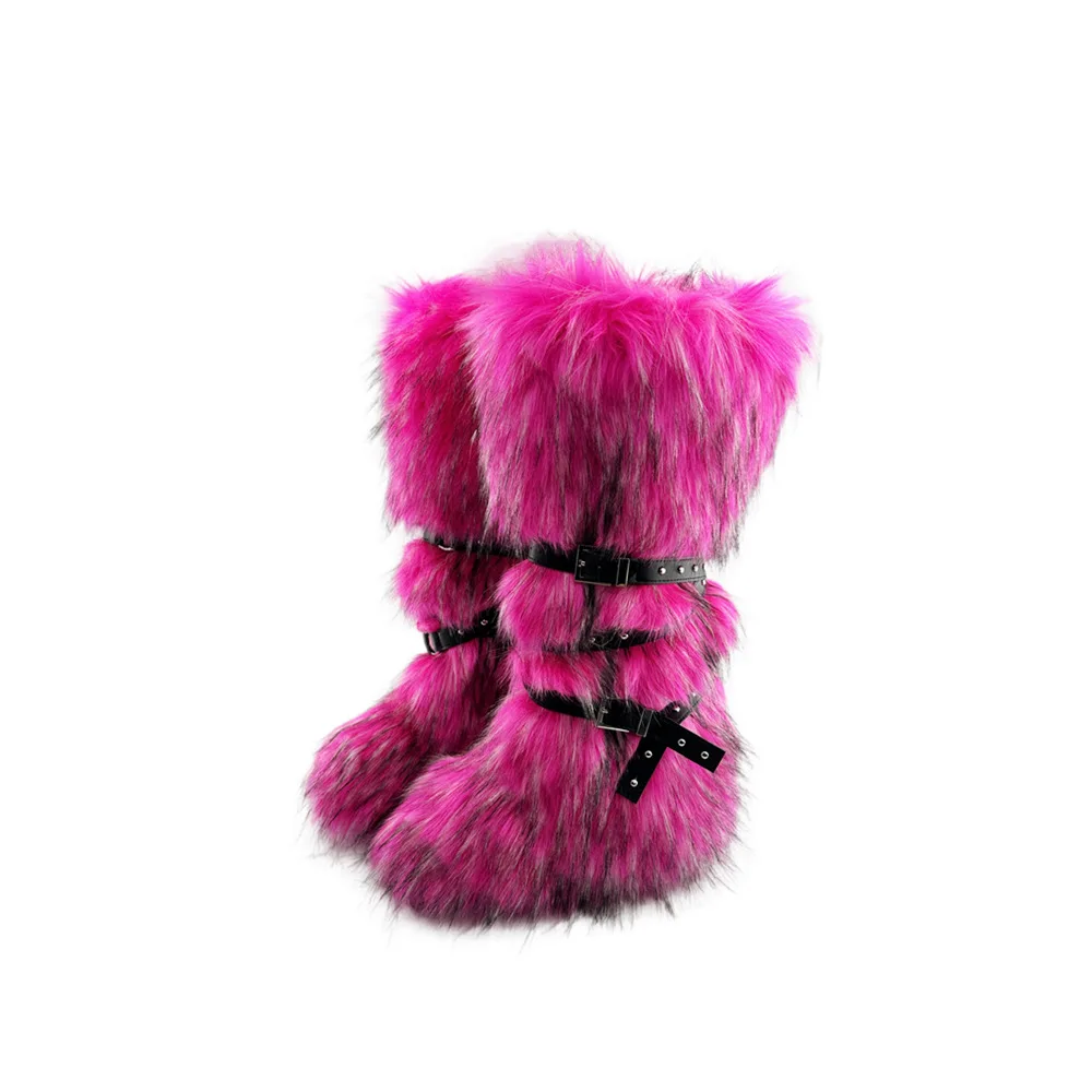 Women 5CM High Sole New Designer Winter Thigh High Fluffy Boots Ladies Faux Raccoon Fur Long Warm Shoes