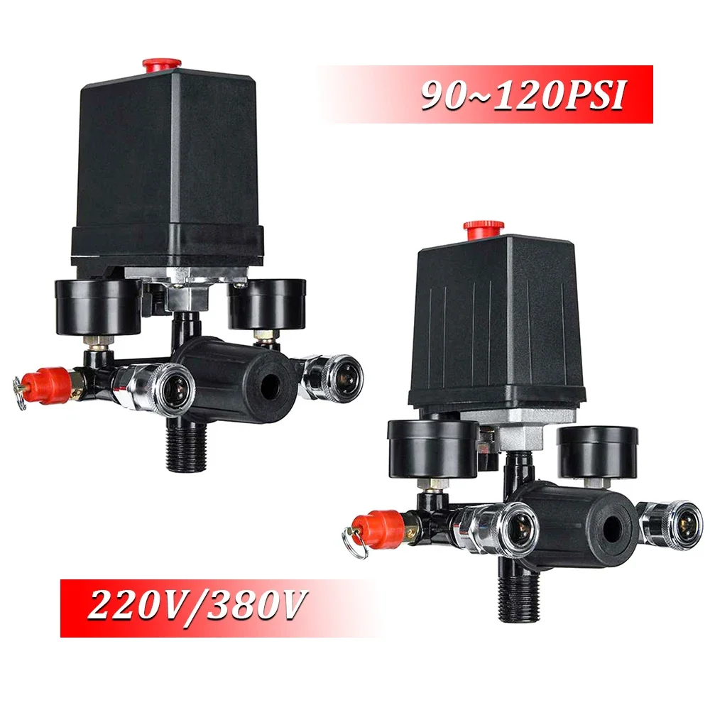 4 Port Air Compressor 220v/380v All Black Bracket With Switch Manifold Pressure Regulator Aluminum Alloy Safety Pressure Valve