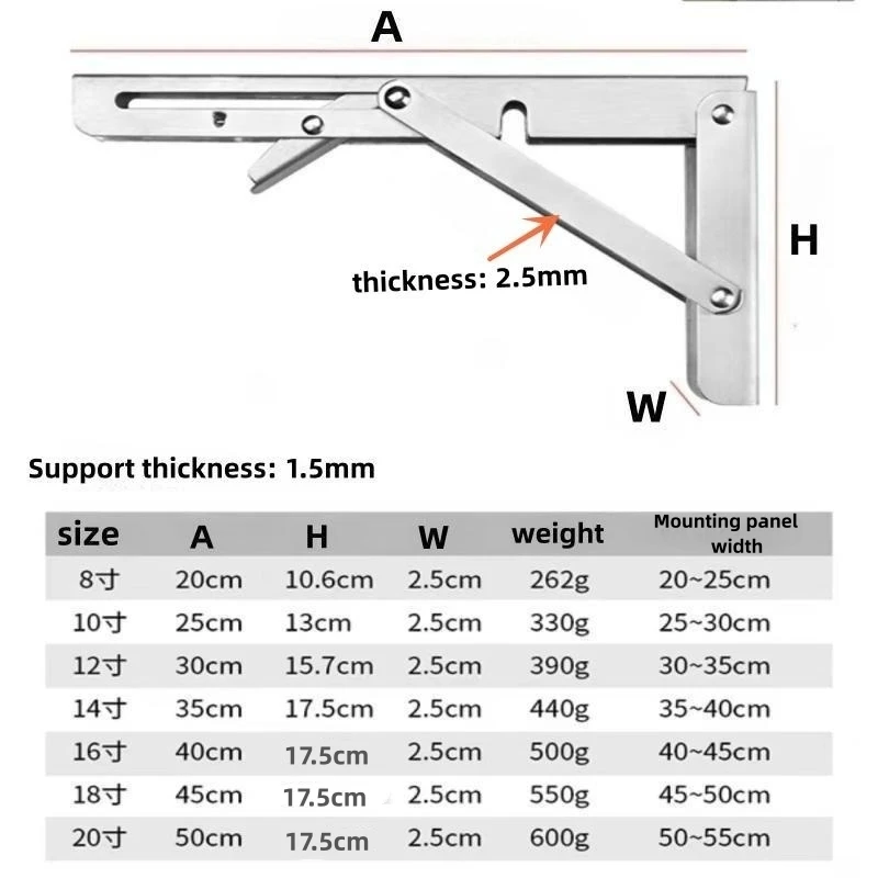 8-20Inch Stainless Steel Folding Bracket Wall Mounted Triangle Wall Shelf Floating Shelf Table Folding Kitchen Shelf Bracket