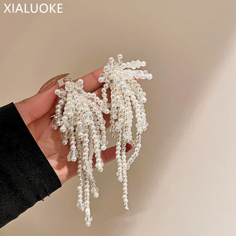 

XIALUOKE Hand-woven Flower Beaded Pearl Earrings For Women Fashion Elegant Long Tassels Drop Earrings Party Jewelry